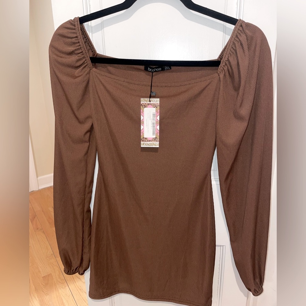 Boohoo Petite Rib Volume Sleeve Mini Dress